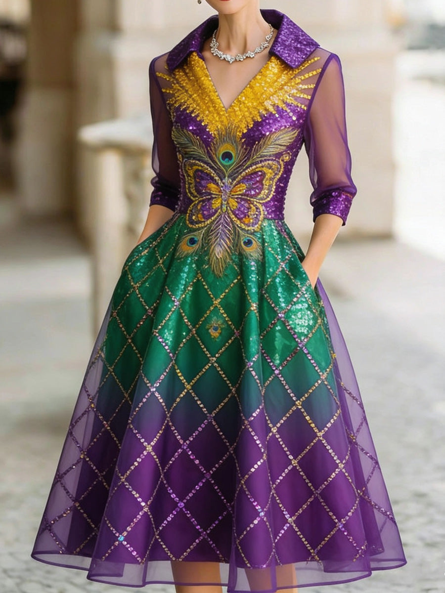 Retro Mardi Gras Art Texture Printed V-Neck Vintage Pocket-Style Long Sleeve Midi Dress