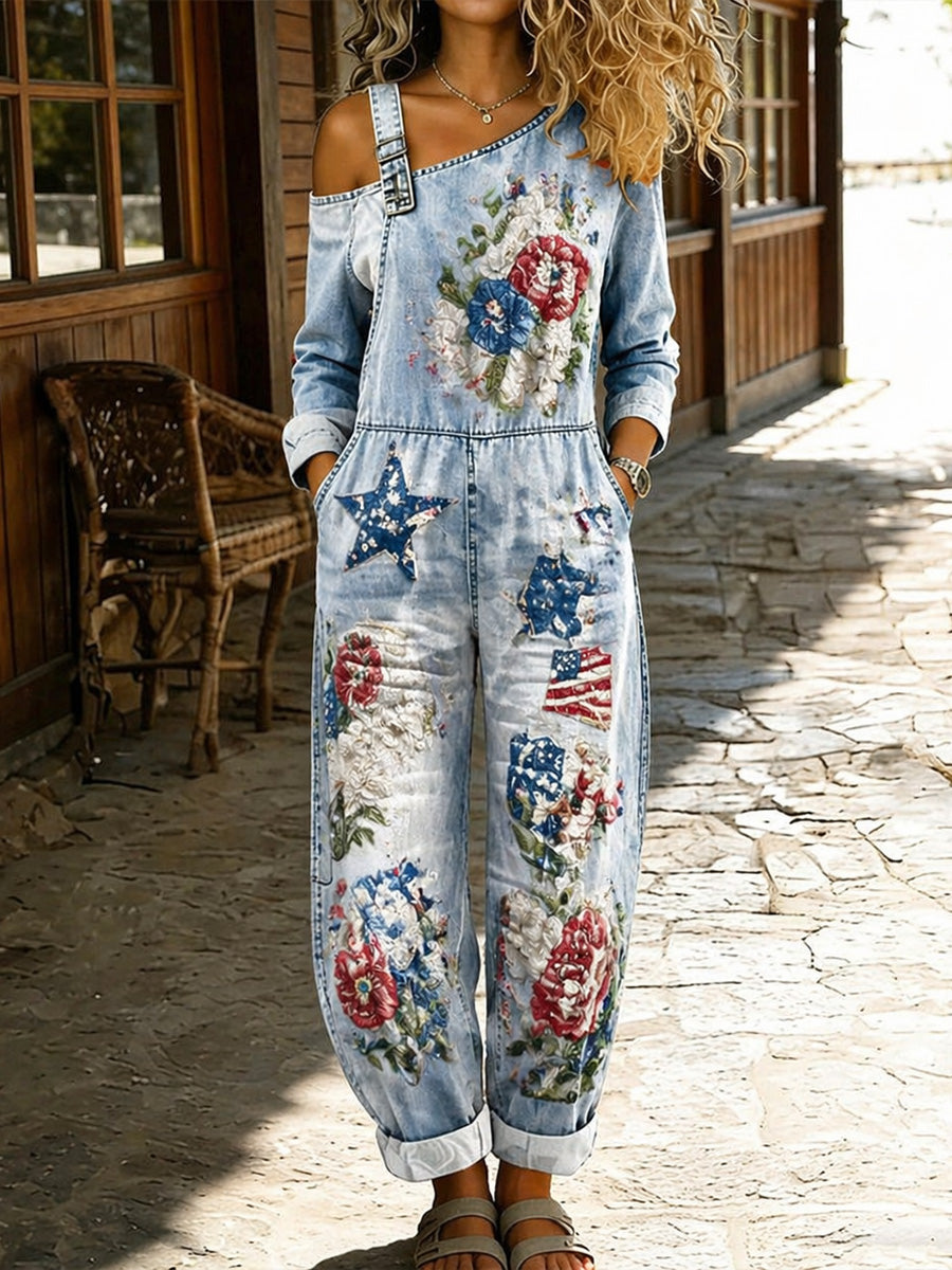Women's Retro Style Floral Art Print Washed Cotton Denim Patchwork Jumpsuit