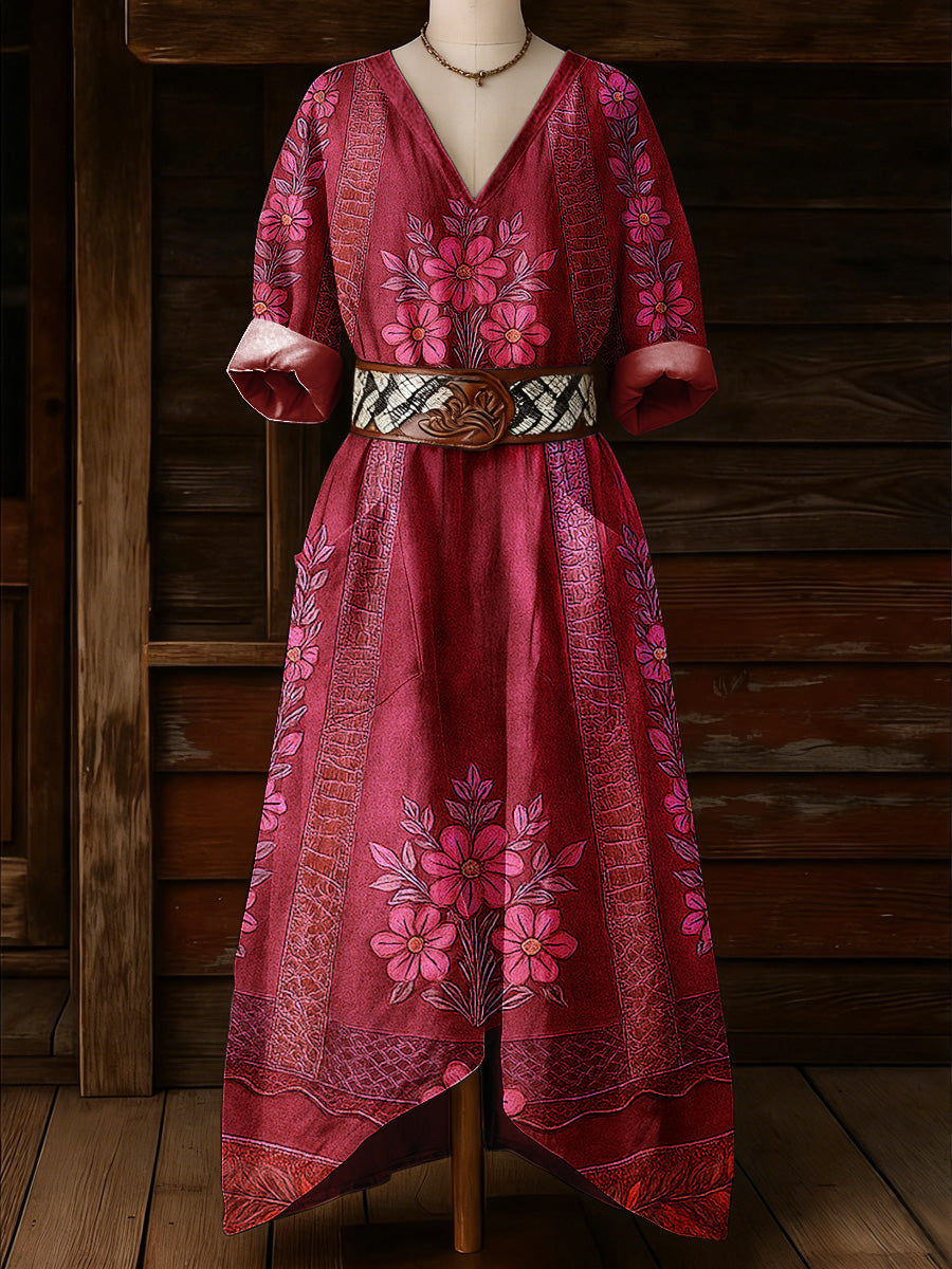 Women's Retro Floral Art Print Casual Vintage V-Neck Pocket Long-Sleeve Maxi Dress