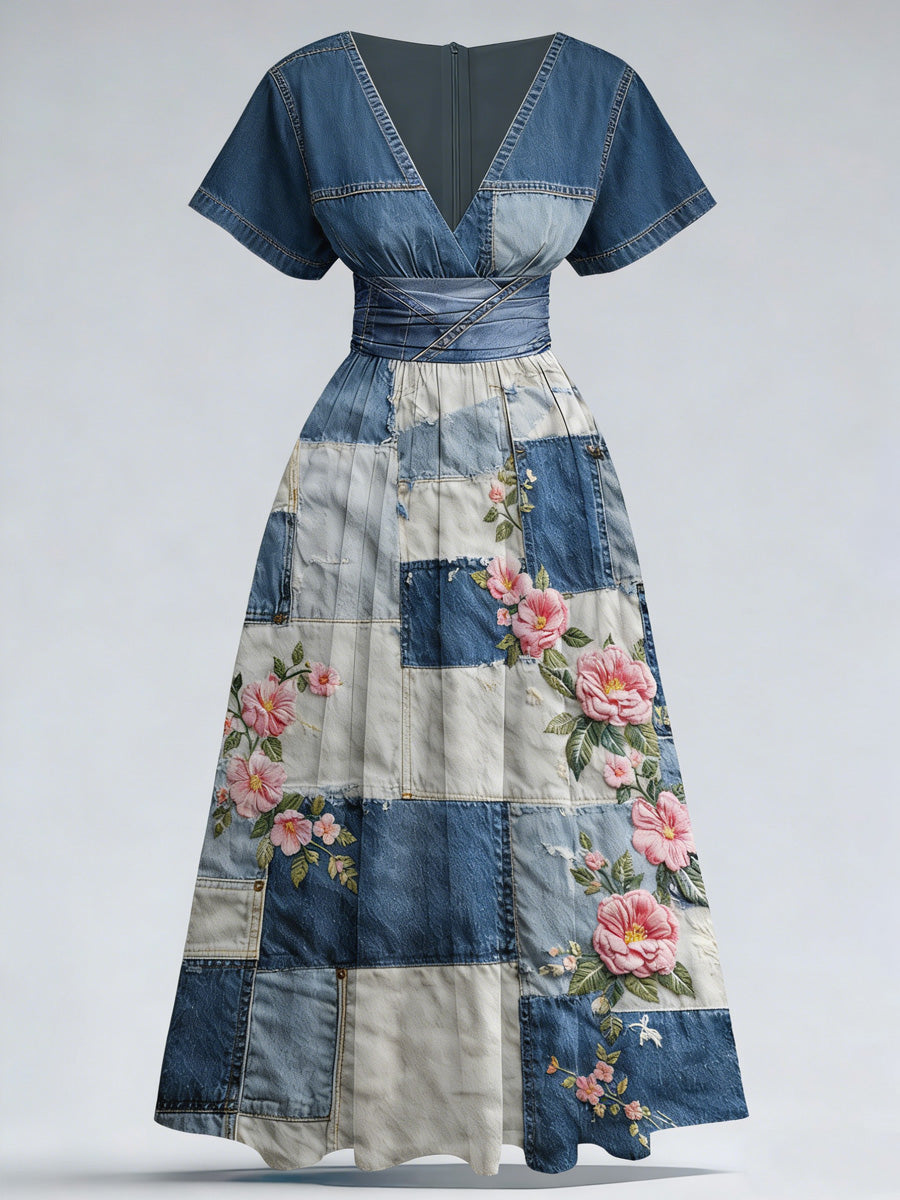 Retro Denim Floral Art Printed Elegant V-Neck Vintage Short Sleeve Maxi Dress