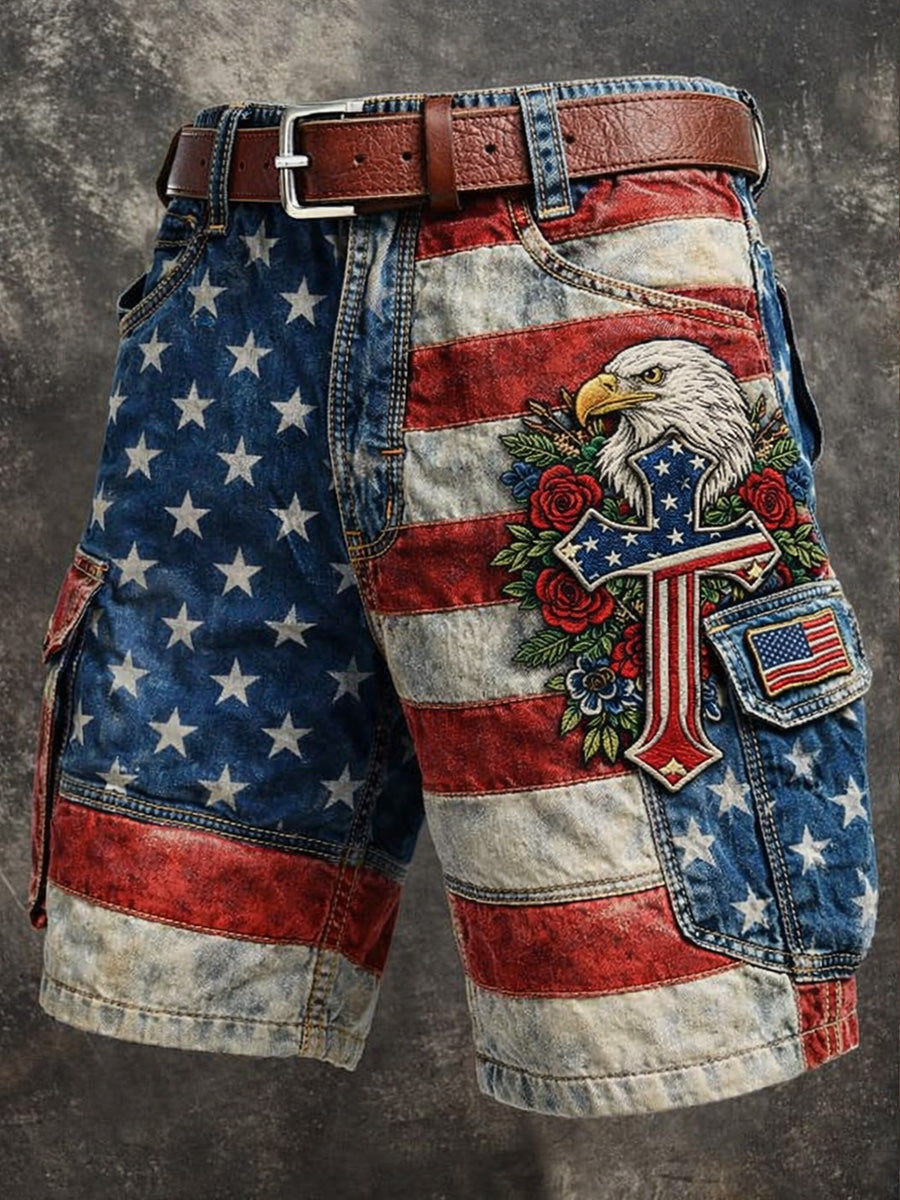 Men's Retro Style USA Flag Art Print Casual Loose Pocket Work Shorts
