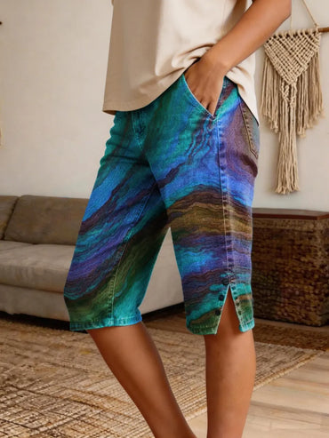 Women's Vintage Colorful Oil Painting Art Print Casual Denim Shorts