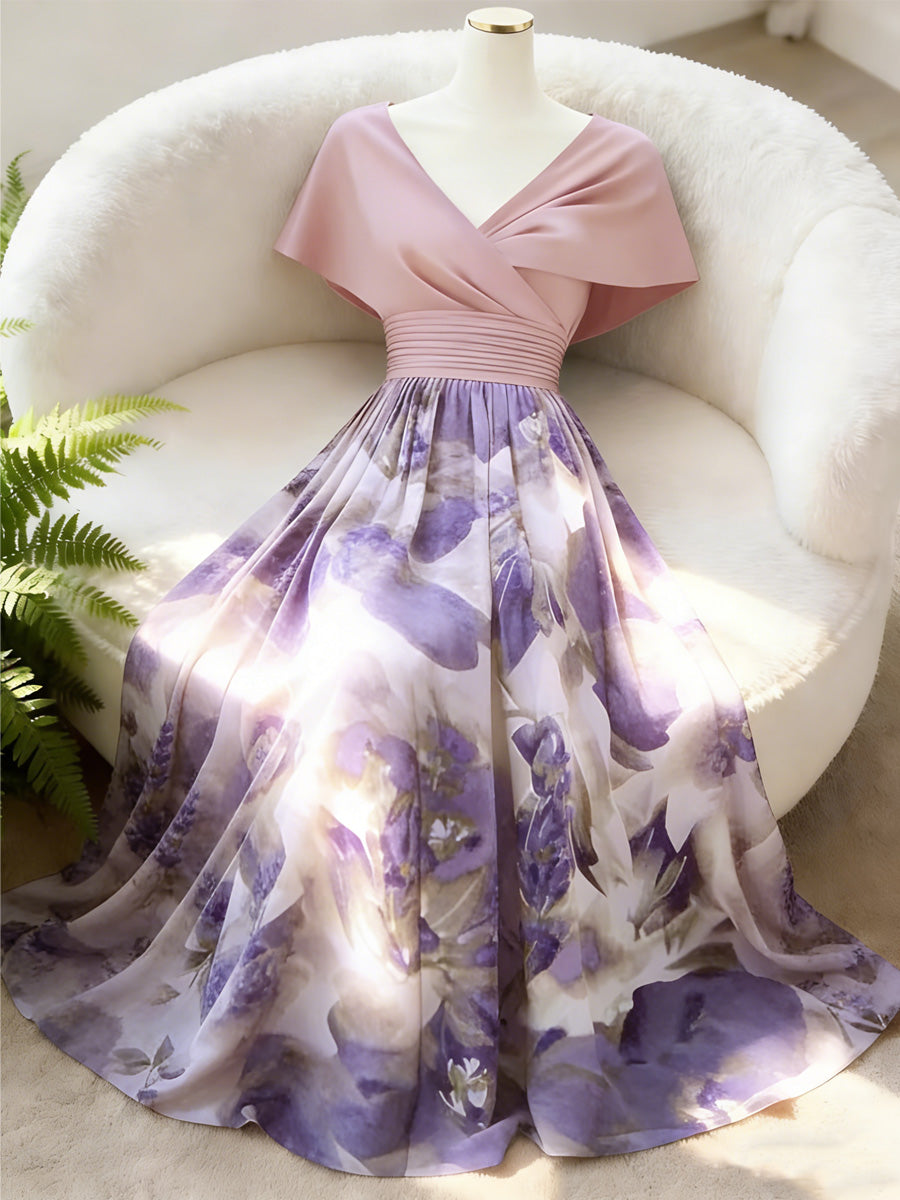 Retro Floral Art Printed Elegant V-Neck Vintage Batwing Short Sleeve Maxi Dress