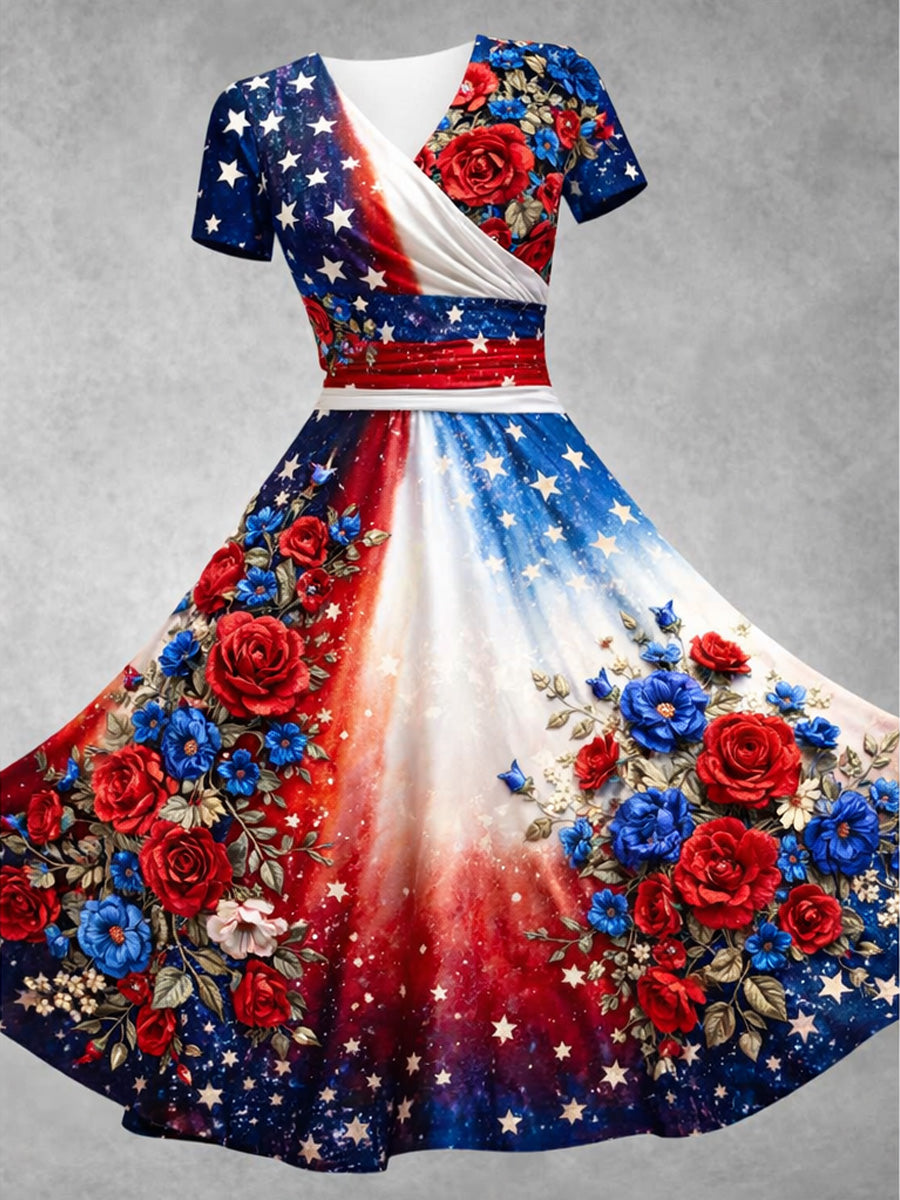 Retro Patriotic Flowers Art Printed Vintage V-Neck Pleated Waist Short Sleeve Midi Dress