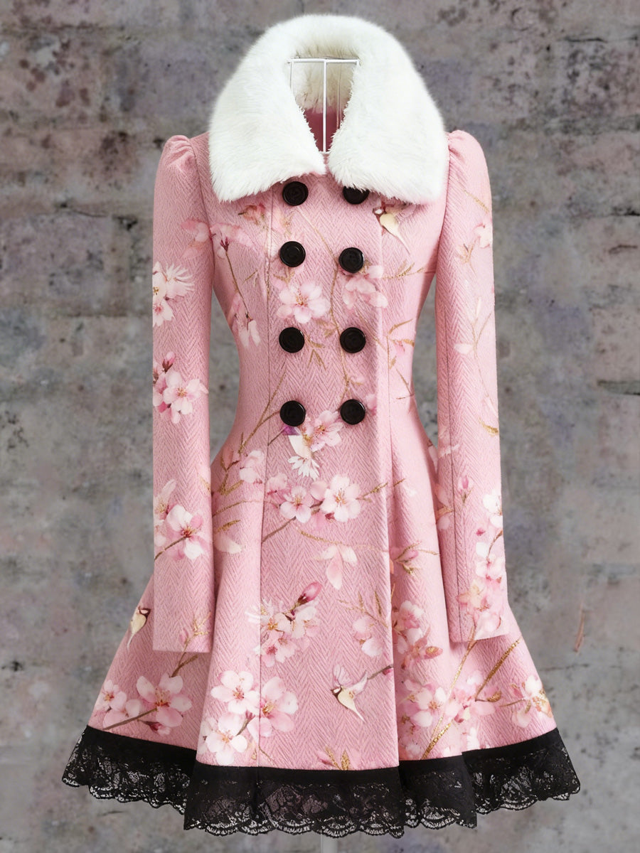 Retro Floral Art Print Vintage Elegance Fur Collar Button Up Long Sleeve Midi Dress