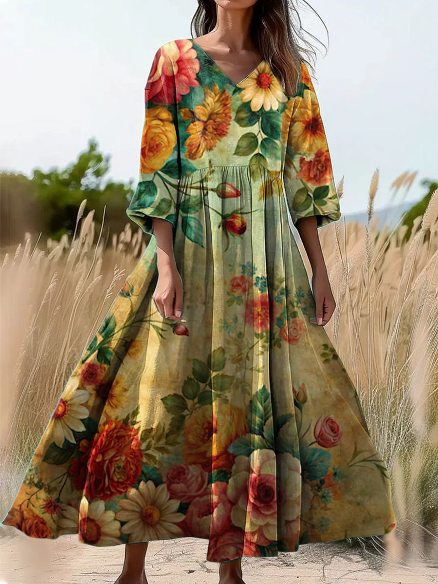 Retro Floral Art Print Long Sleeve Midi Dress