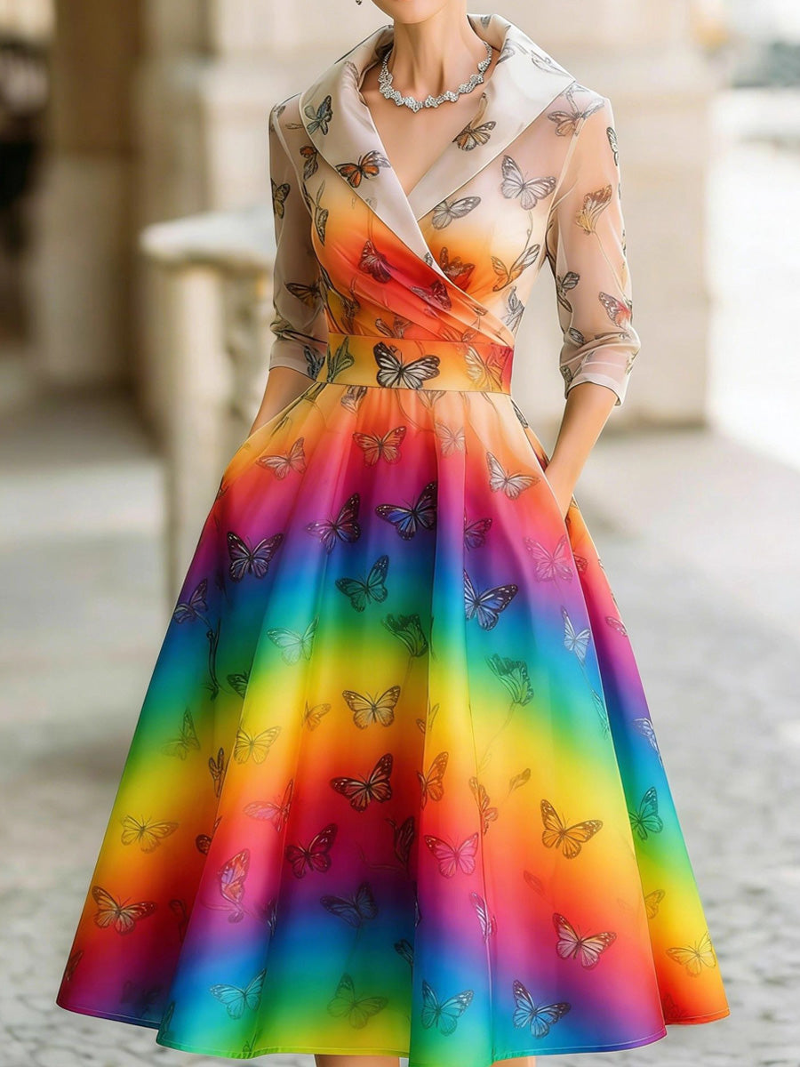 Retro Rainbow Butterfly Printed V-Neck Vintage Pocket-Style Long Sleeve Midi Dress