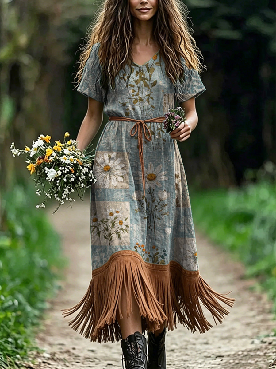 Women's Retro Floral Art Print Casual Vintage V-Neck Short-Sleeve Tassel Dress