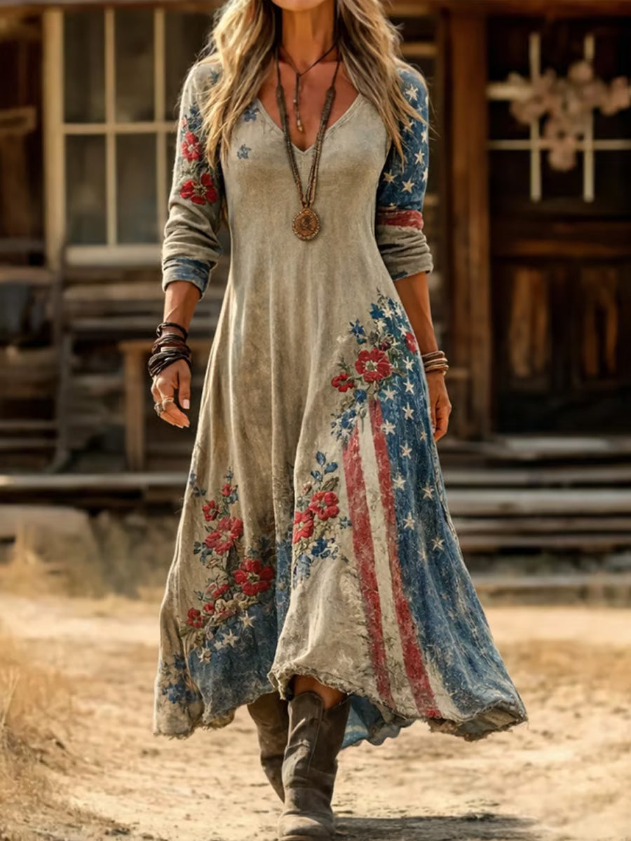 Retro Patriotic Flowers Art Print Casual Vintage V-Neck Pocket Long-Sleeve Maxi Dress