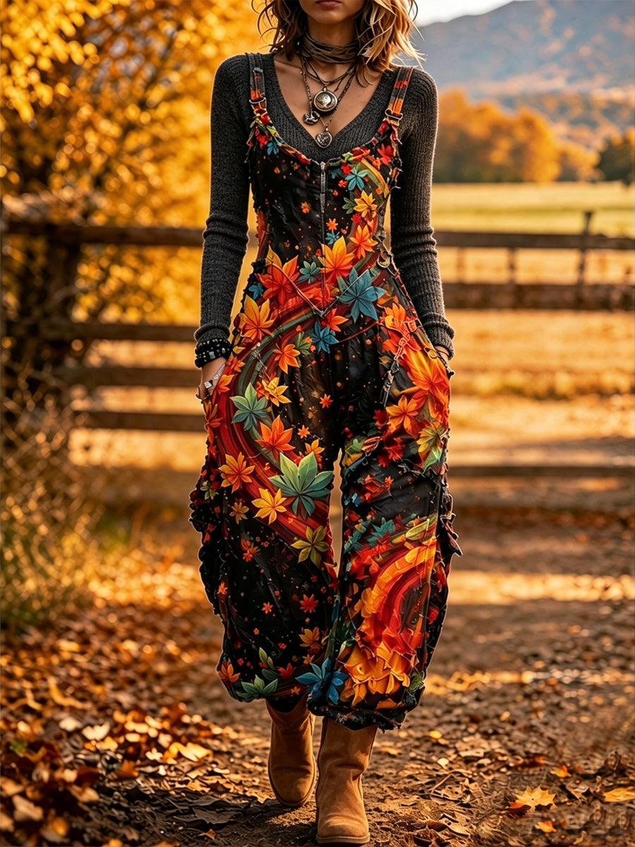 Women's Retro Autumn Style Art Print Washed Cotton Denim Patchwork Jumpsuit