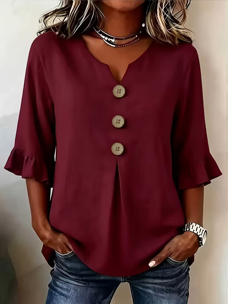 Women'S Plus Size Casual V-Neck 3-Button Loose Casual Shirt