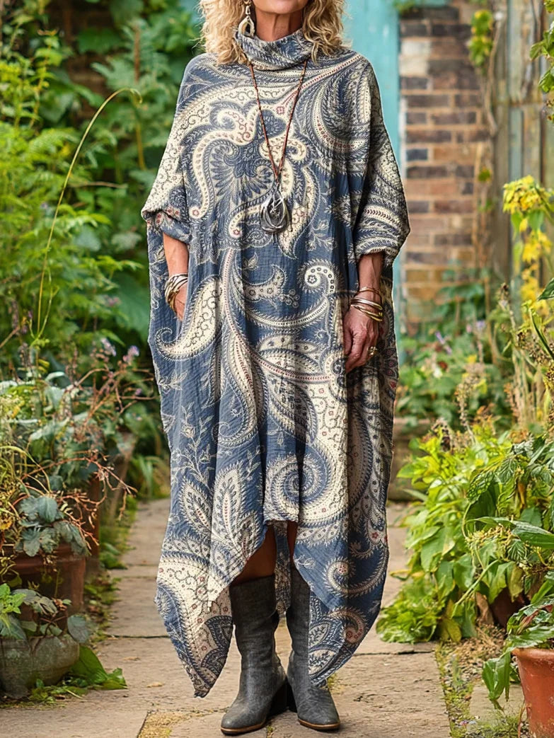 Retro Floral Art Print Long Sleeve Midi Dress