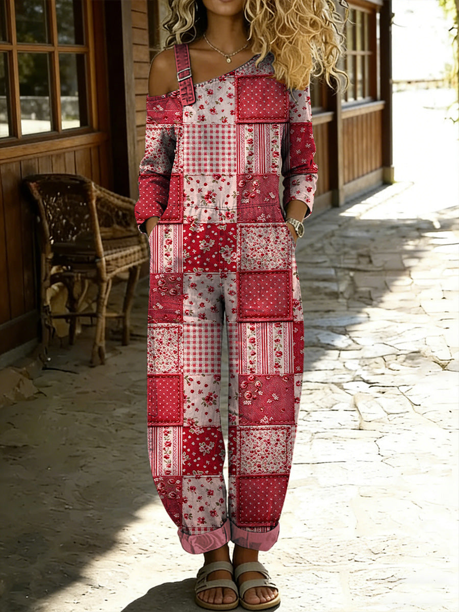 Women's Retro Style Floral Art Print Washed Cotton Denim Patchwork Jumpsuit