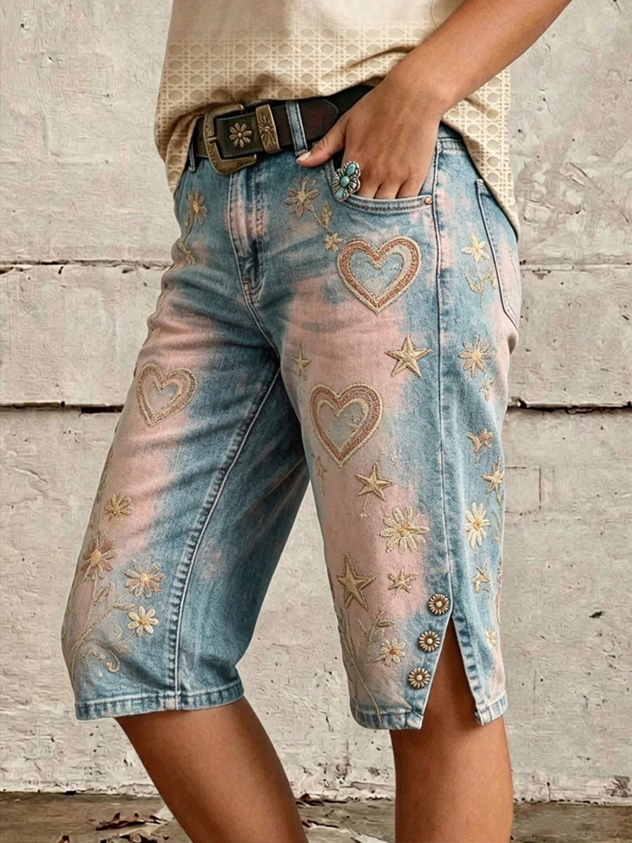 Retro Style Floral Print Vintage Casual Denim Shorts