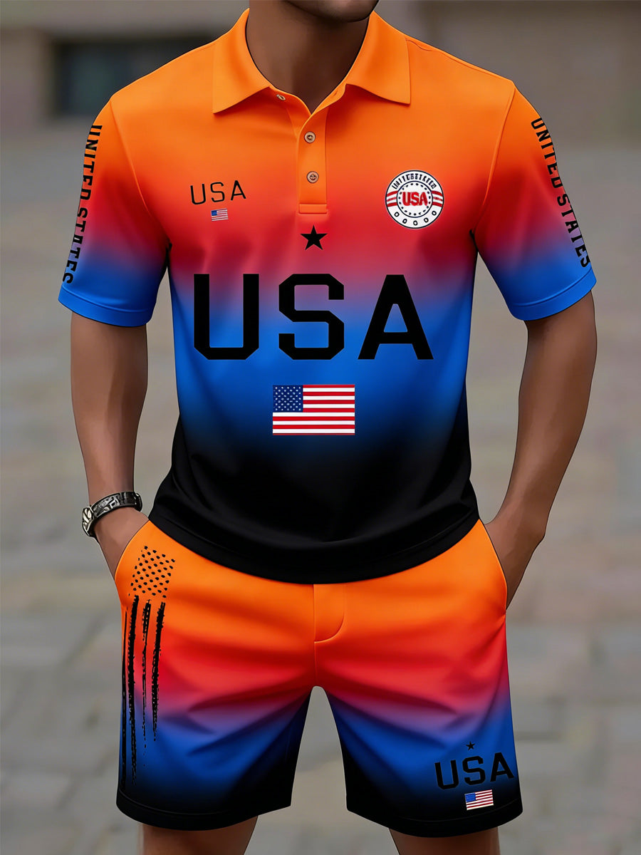 USA Flag Art Printed Resort Style Polo Shirt And Shorts Set