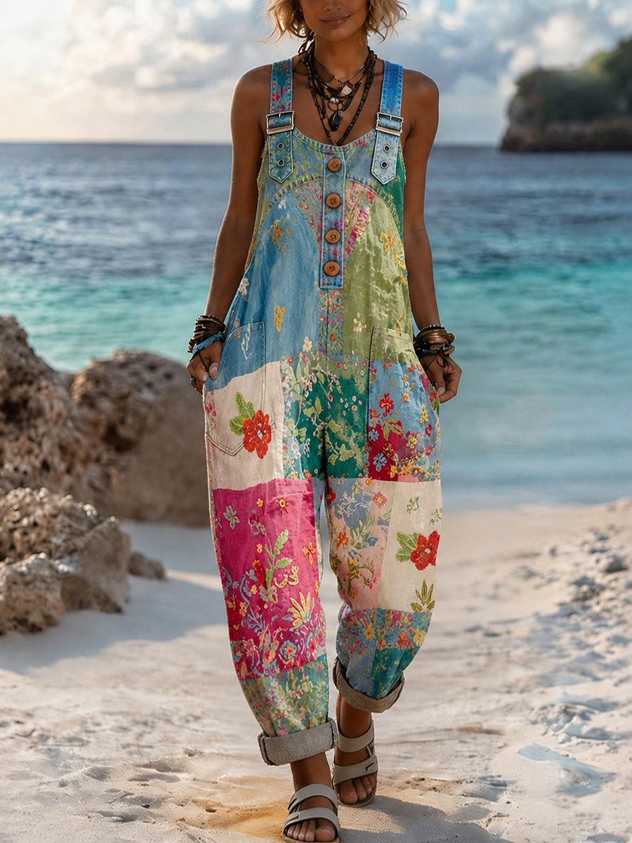 Women's Retro Style Art Print Washed Cotton Denim Patchwork Jumpsuit