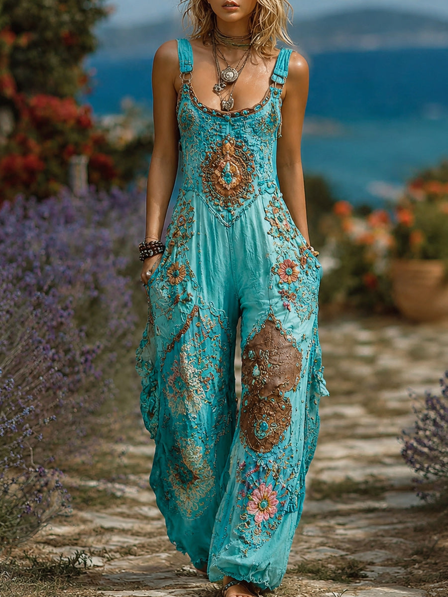 Women's Retro Style Art Print Washed Cotton Denim Patchwork Jumpsuit