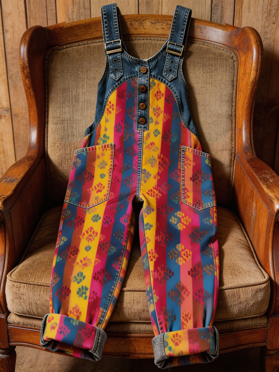 Women's Retro Style Art Print Washed Cotton Denim Patchwork Jumpsuit