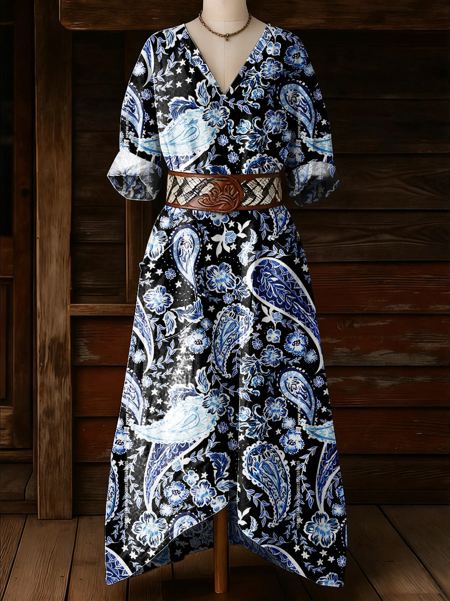 Women's Retro Floral Art Print Casual Vintage V-Neck Pocket Long-Sleeve Maxi Dress