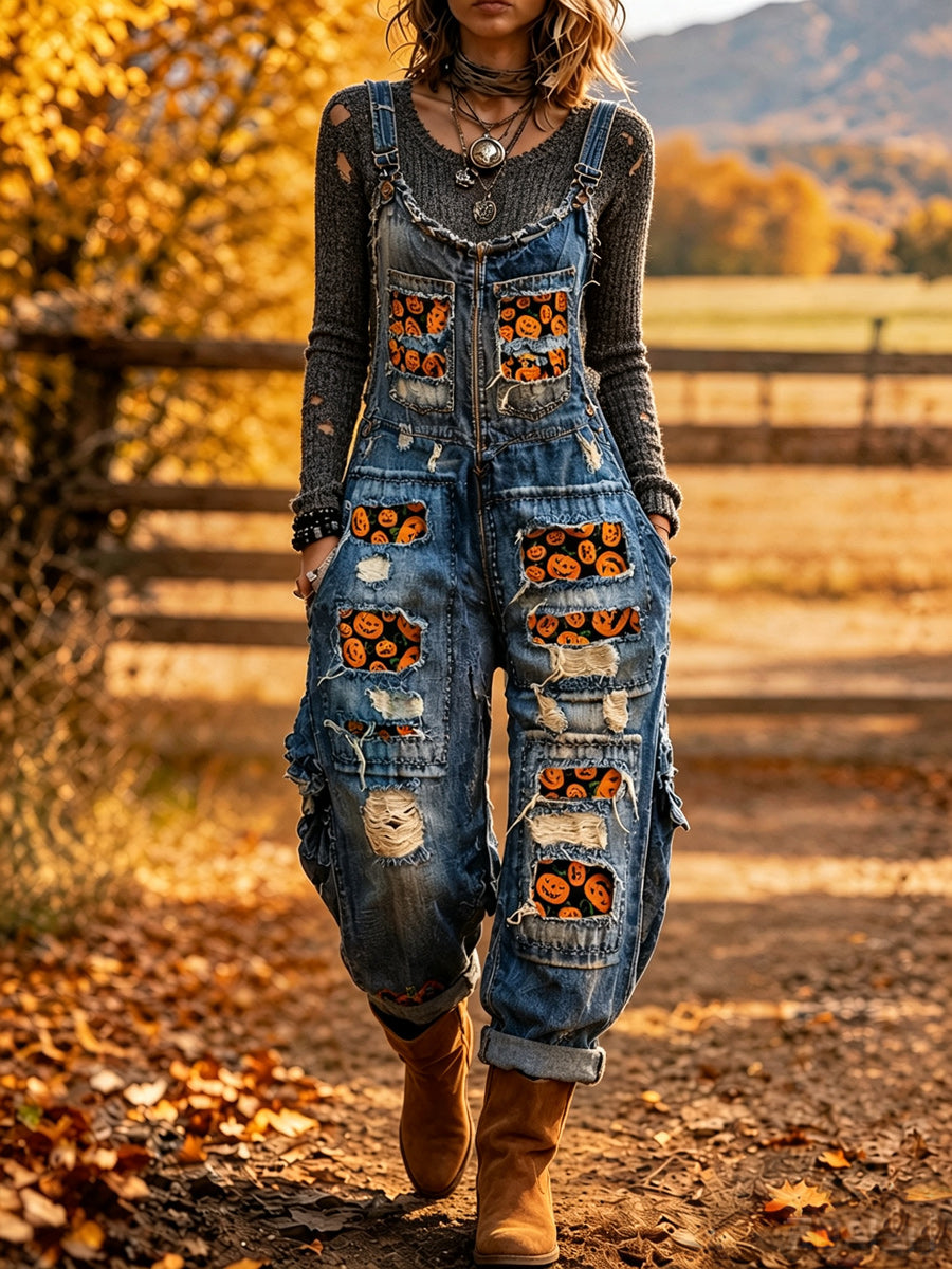 Women's Retro Autumn Style Art Print Washed Cotton Denim Patchwork Jumpsuit