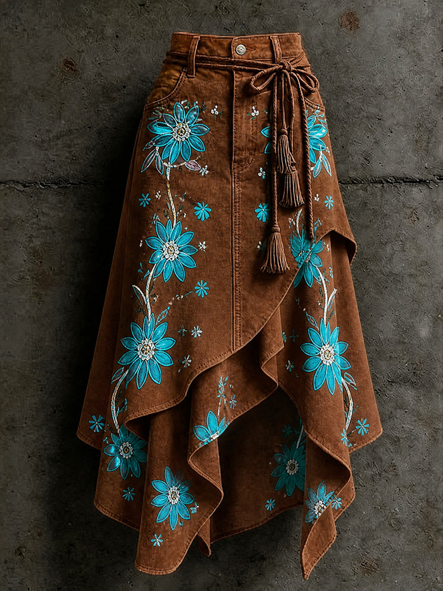 Women's Retro Style Art Print Irregularly Layered Stitched Skirt
