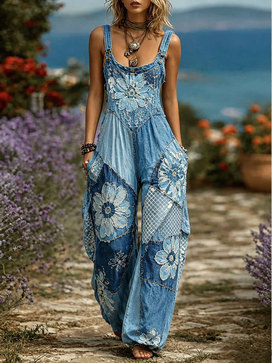 Women's Retro Style Art Print Washed Cotton Denim Patchwork Jumpsuit