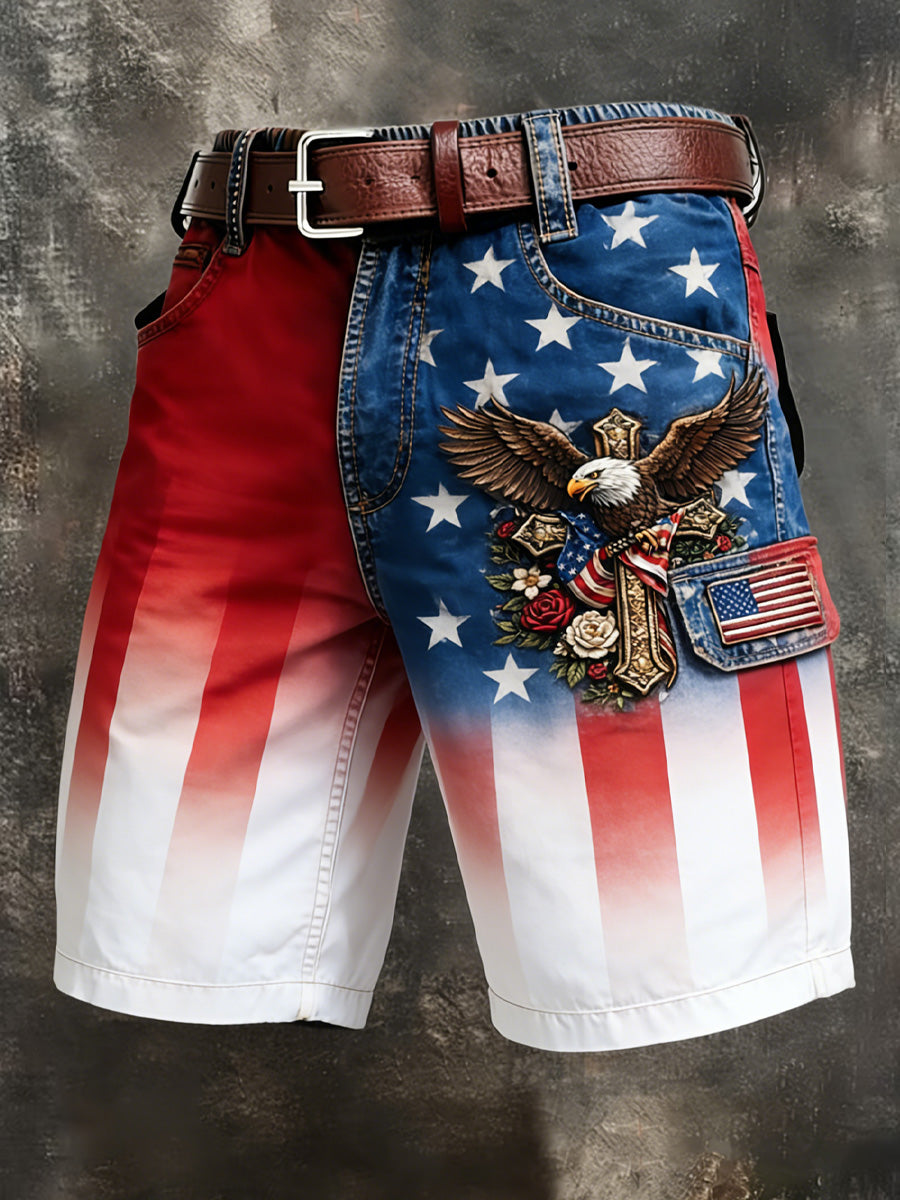 Men's Retro Style USA Flag Art Print Casual Loose Pocket Work Shorts