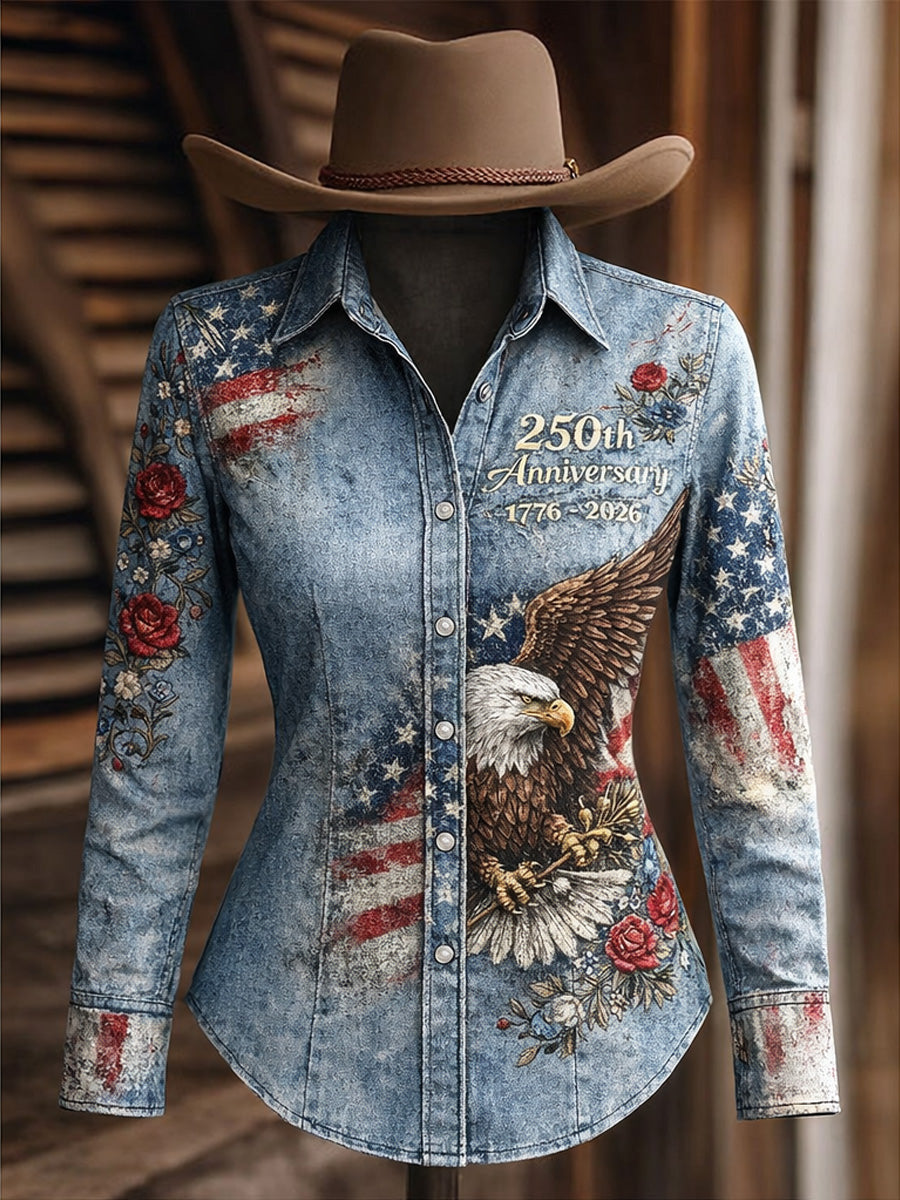 Women's Retro Casual American 250th Anniversary Print Vintage Long Sleeves Shirt