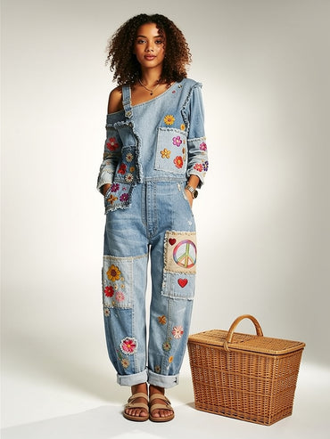 Women's Retro Floral Color-Blocked Art Print Washed Cotton Denim Patchwork Jumpsuit