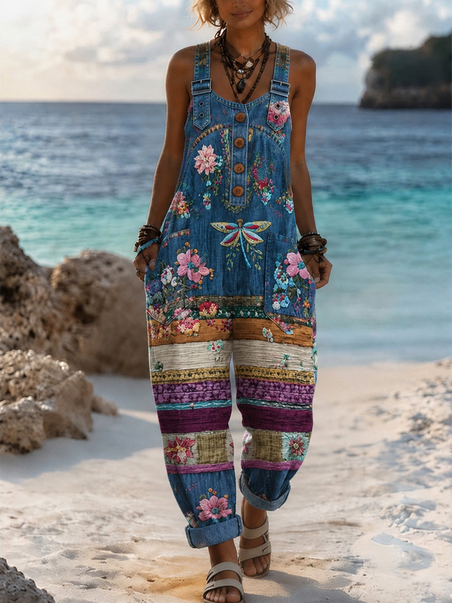 Women's Retro Style Art Print Washed Cotton Denim Patchwork Jumpsuit