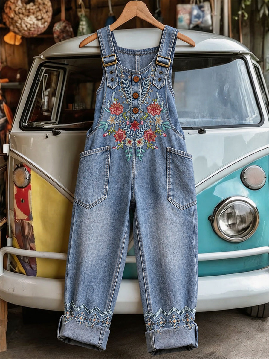 Women's Retro Style Art Print Washed Cotton Denim Patchwork Jumpsuit