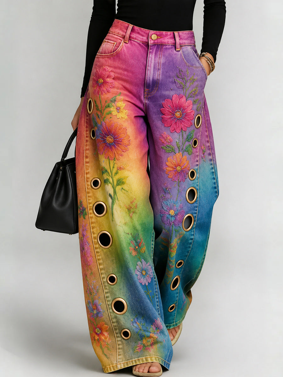 Women's Retro Style Art Print Casual Hollow Wide Leg Pants