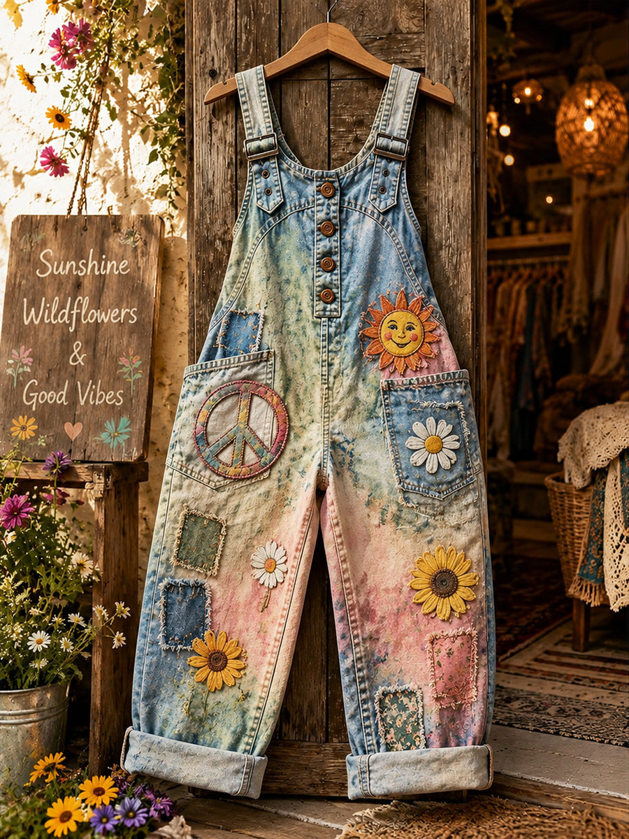 Women's Retro Style Art Print Washed Cotton Denim Patchwork Jumpsuit