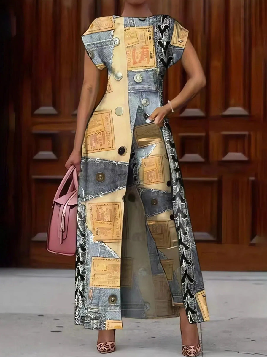 Retro Denim Art Print Vintage Long Split Shirts Dress Skinny Pants Two-Piece Set