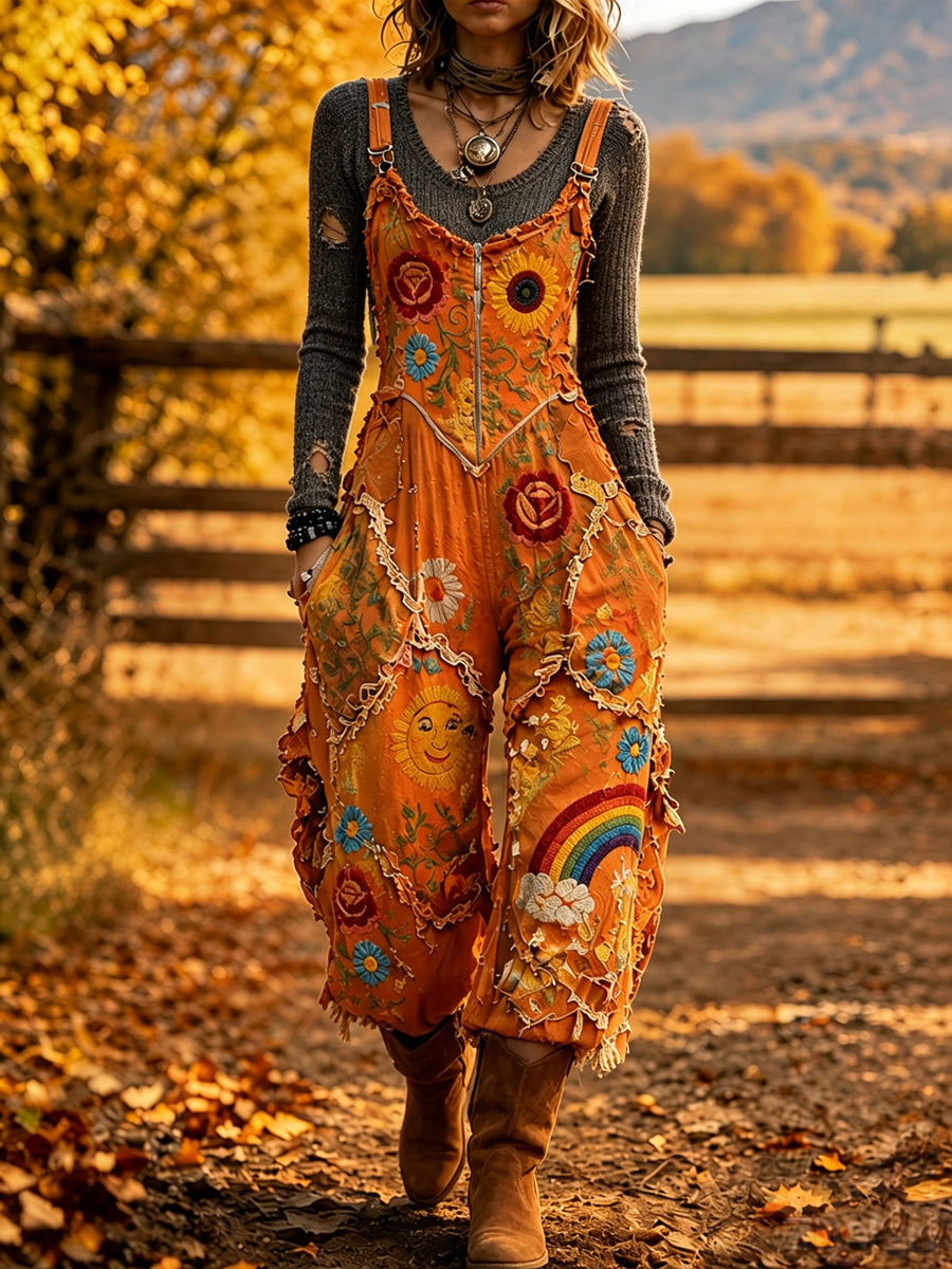 Women's Retro Autumn Style Art Print Washed Cotton Denim Patchwork Jumpsuit
