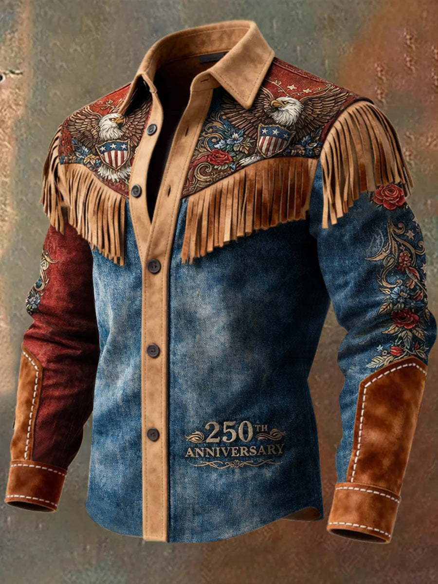 Men's Retro Western Style Art Print Vintage Tassel Casual Long Sleeve Shirt