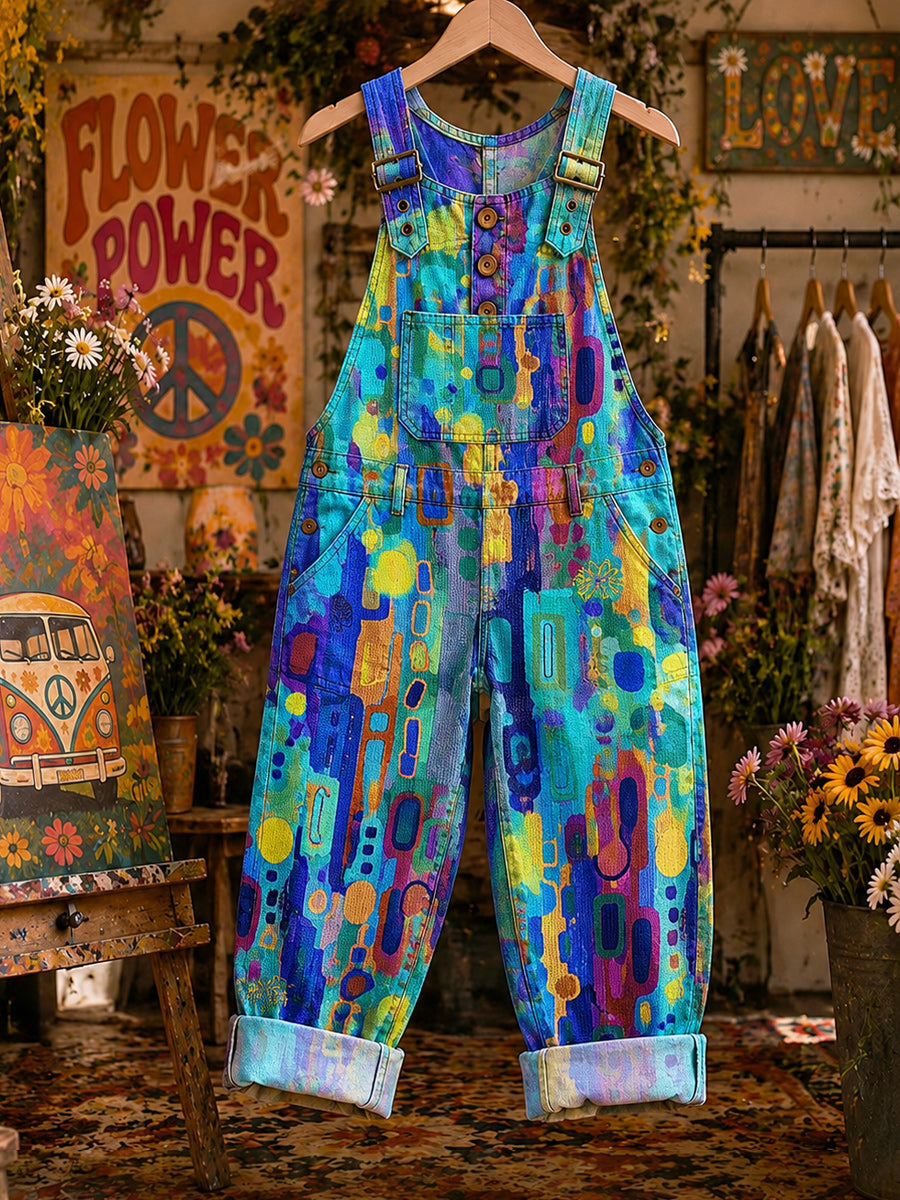 Women's Retro Style Art Print Washed Cotton Denim Patchwork Jumpsuit