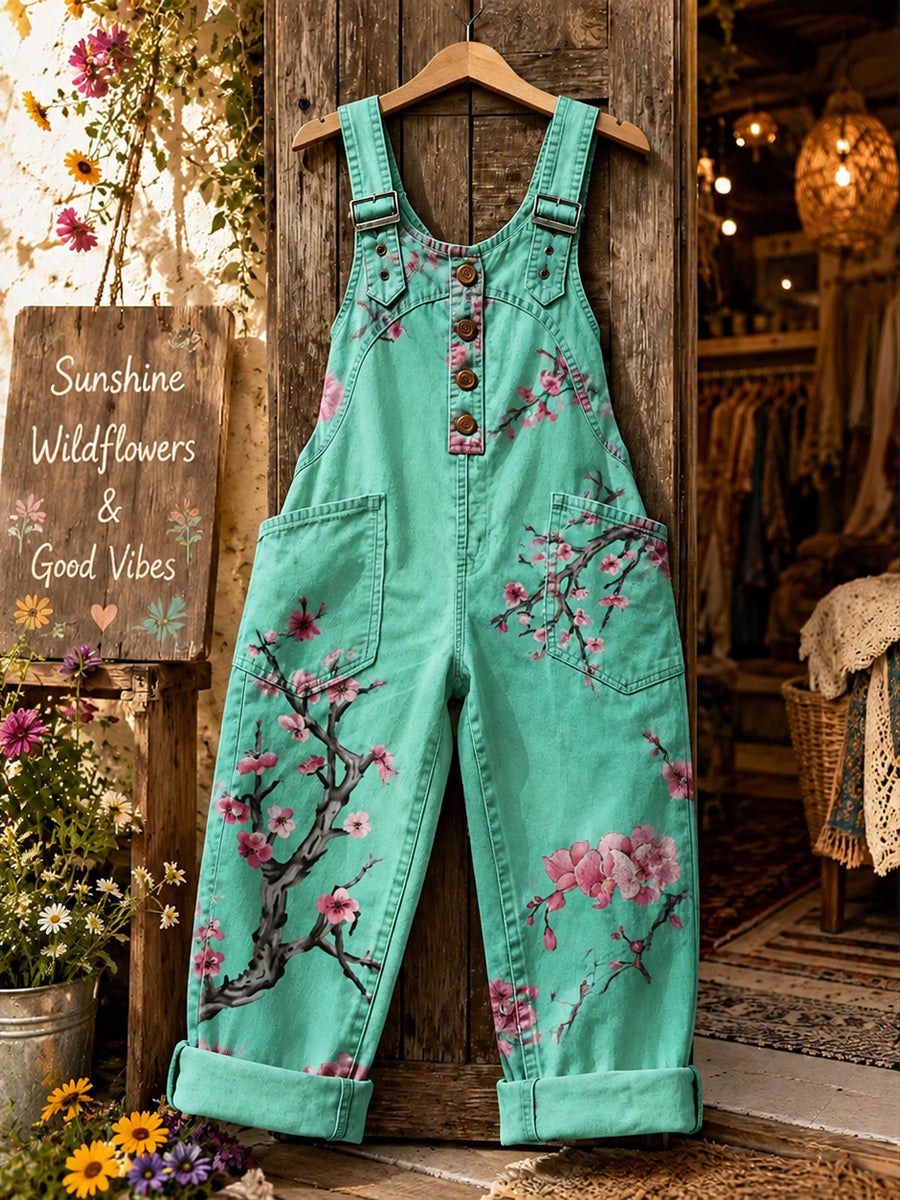 Women's Retro Style Art Print Washed Cotton Denim Patchwork Jumpsuit