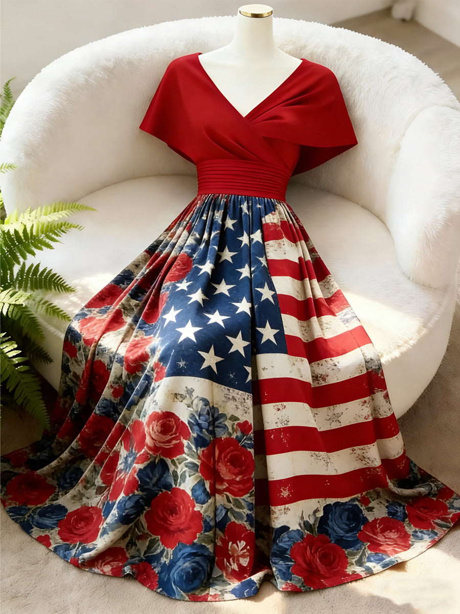 Retro Floral Art Printed Elegant V-Neck Vintage Batwing Short Sleeve Maxi Dress