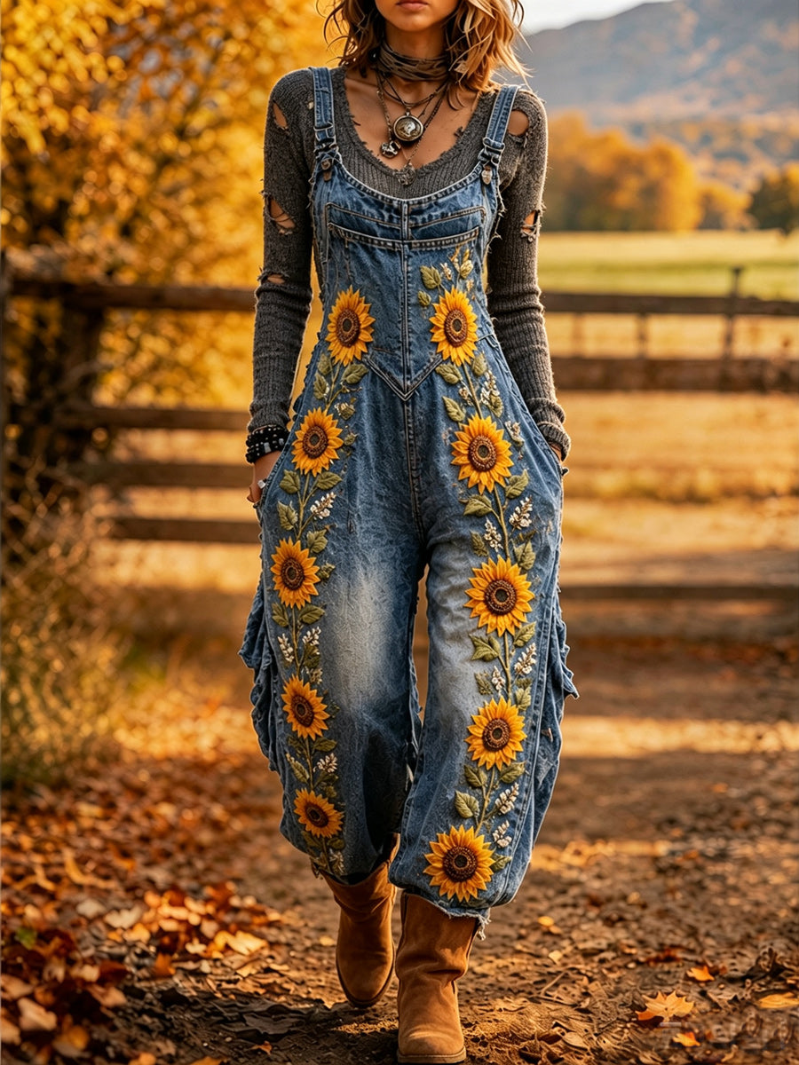 Women's Retro Autumn Style Art Print Washed Cotton Denim Patchwork Jumpsuit