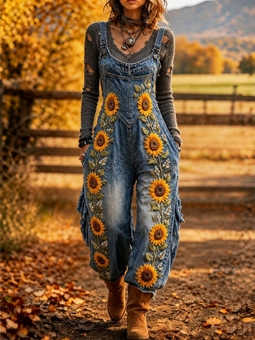 Women's Retro Autumn Style Art Print Washed Cotton Denim Patchwork Jumpsuit