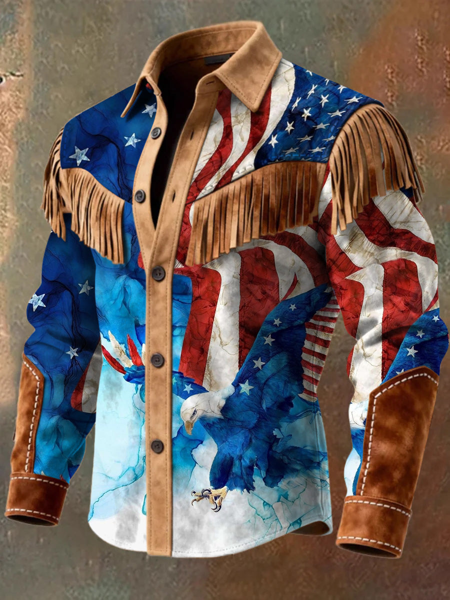 Men's Retro Western Style 250th Anniversary Print Vintage Tassel Casual Long Sleeve Shirt