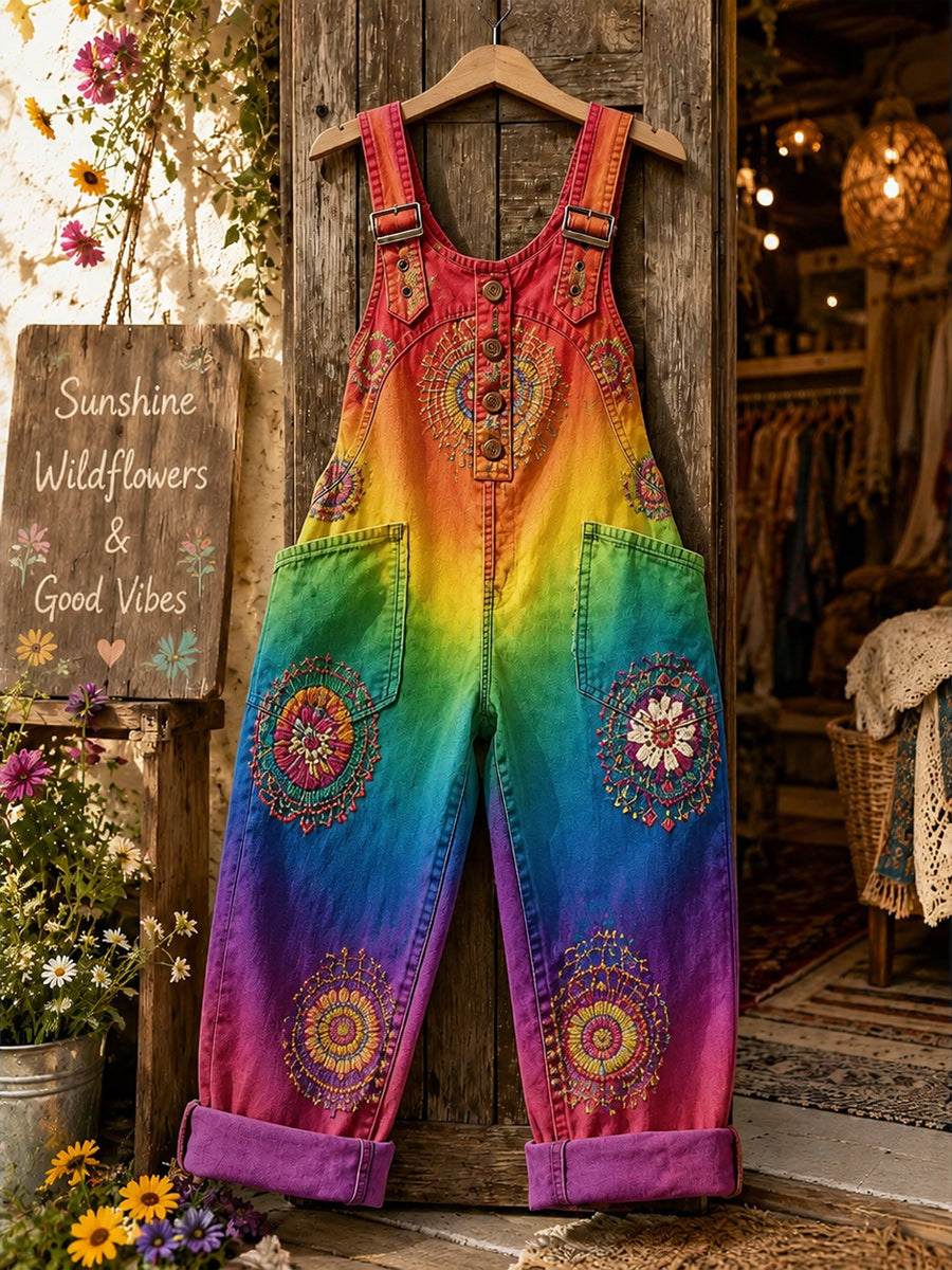 Women's Retro Style Art Print Washed Cotton Denim Patchwork Jumpsuit