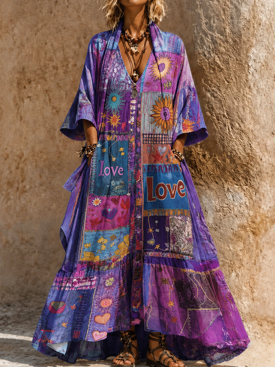Retro Style Art Printed Vintage Camisole Dress Long Sleeve Two-Piece Maxi Dress