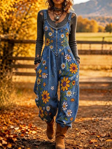 Women's Retro Autumn Style Art Print Washed Cotton Denim Patchwork Jumpsuit