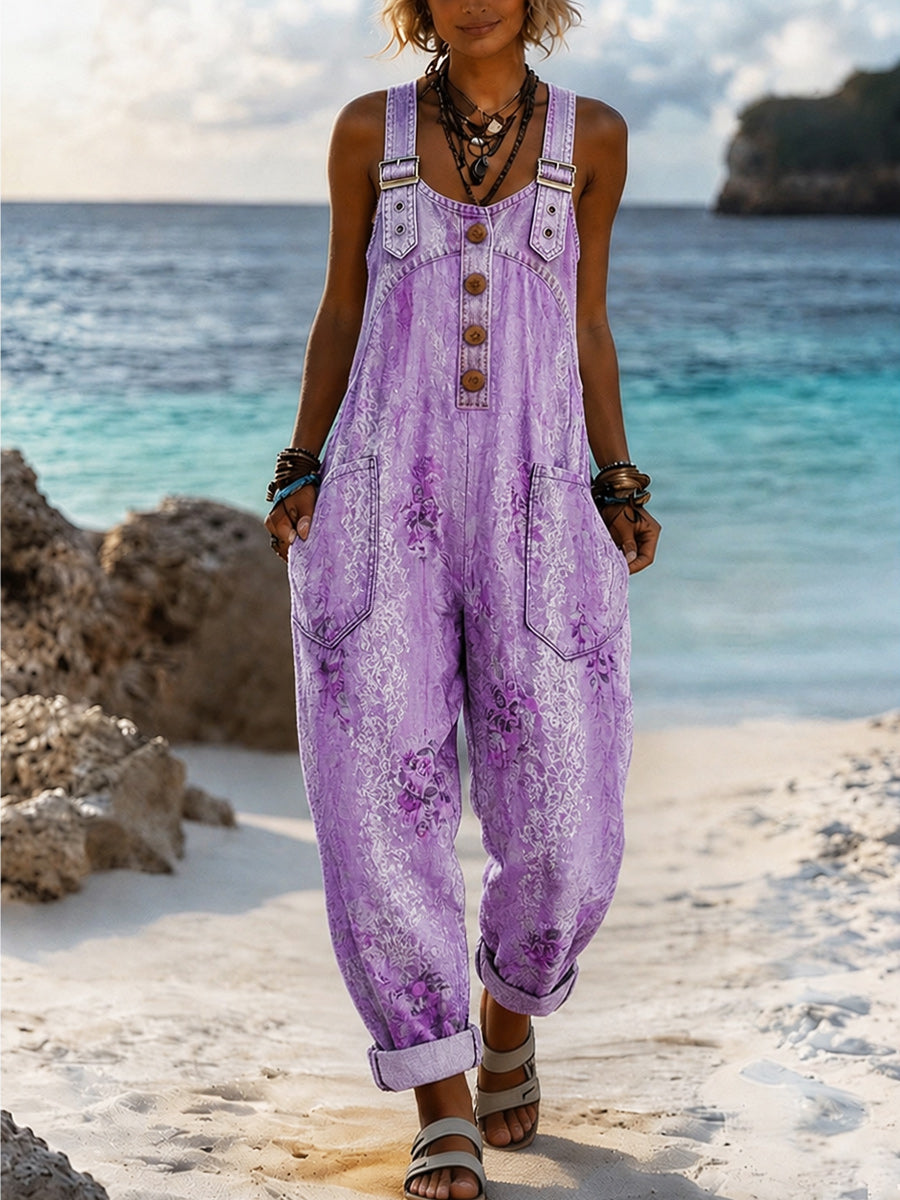 Women's Retro Style Art Print Washed Cotton Denim Patchwork Jumpsuit