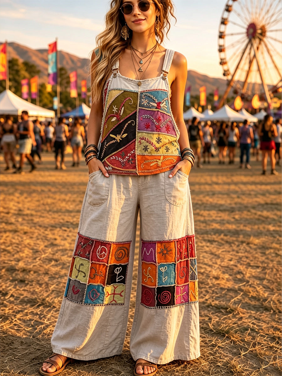 Women's Retro Style Art Print Washed Cotton Denim Patchwork Jumpsuit