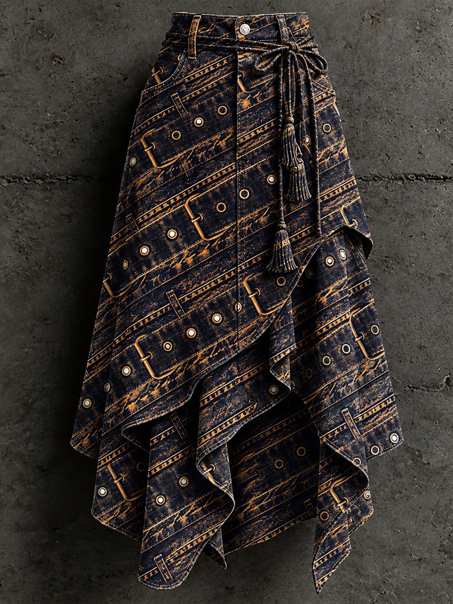Women's Retro Style Art Print Irregularly Layered Stitched Skirt
