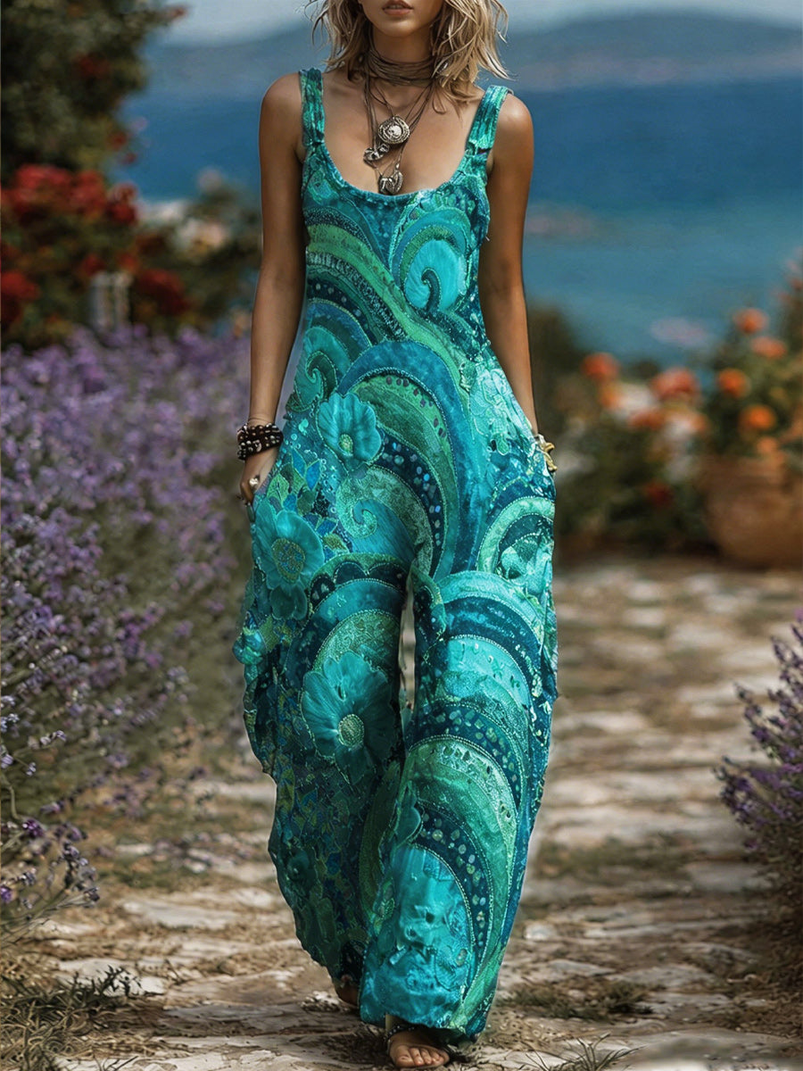 Women's Retro Style Art Print Washed Cotton Denim Patchwork Jumpsuit