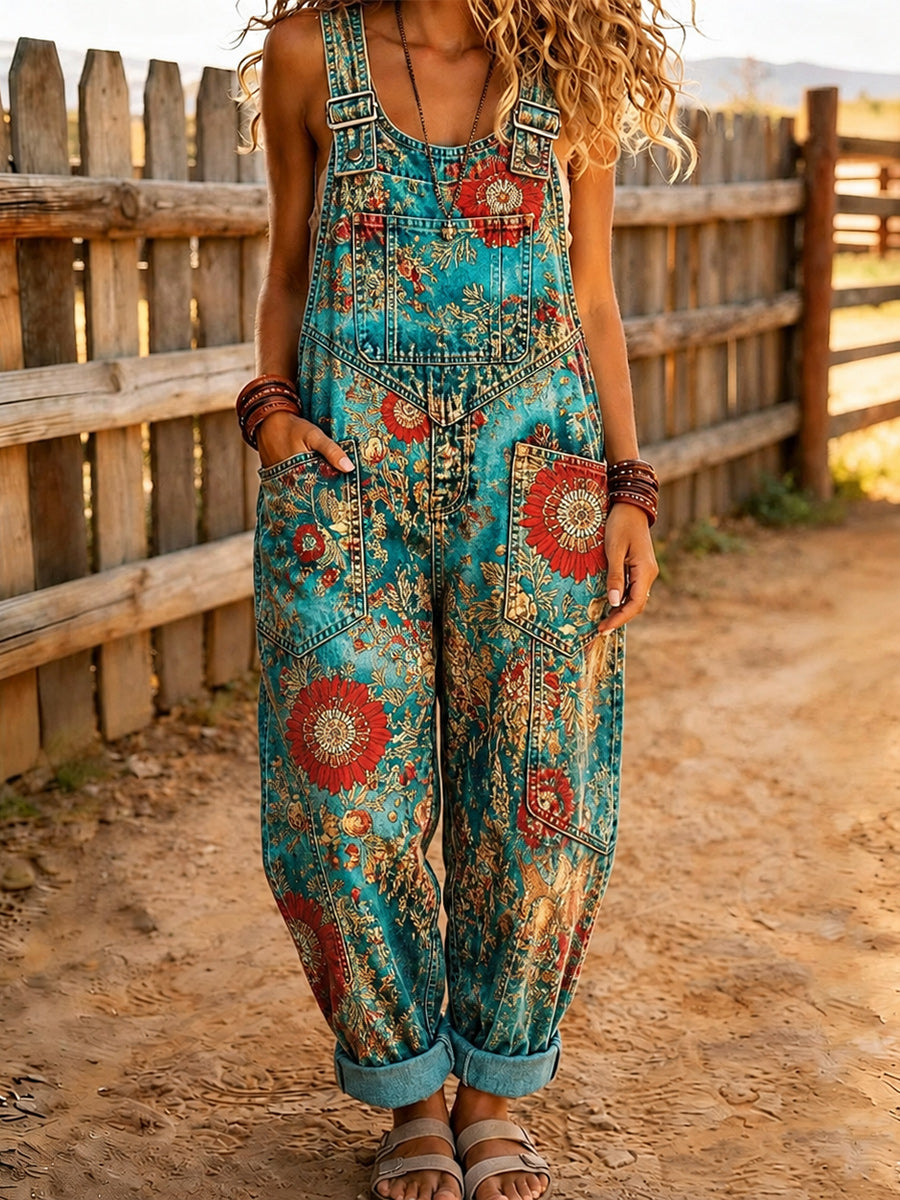 Women's Retro Style Art Print Washed Cotton Denim Patchwork Jumpsuit